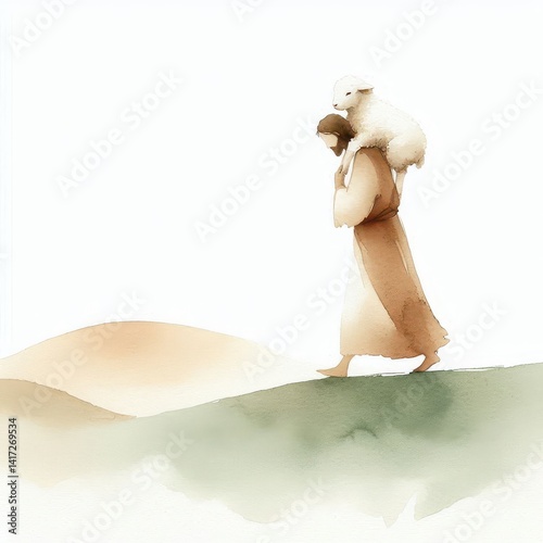 Jesus carries the lost sheep back to safety – minimalist watercolor with centered composition and soft tones of rescue and grace