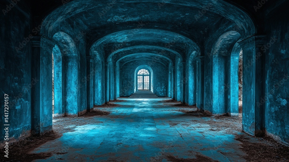 Fototapeta premium Long arched hallway with light at the end of the tunnel blue tones.