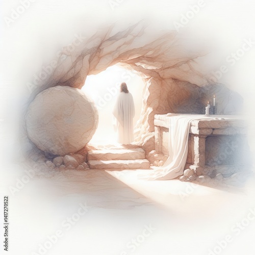 The risen Jesus near the empty tomb with soft morning light – minimalist watercolor with centered composition and quiet mood
