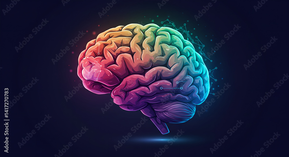 Vibrant human brain illustration depicting neural network and technological advancement, perfect for medical and science education, represents intelligence and artificial intelligence concepts. Vibrant human brain illustration depicting neural network and technological advancement, perfect for medical and science education, represents intelligence and artificial intelligence concepts.