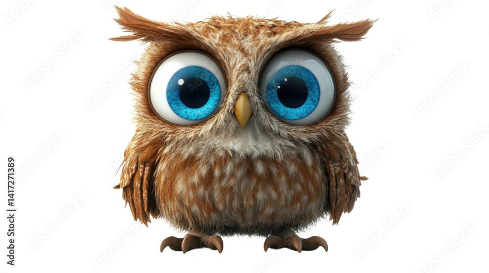 Obraz premium Cartoon Owl with Big Blue Eyes and Brown Feathers Isolated on White Background