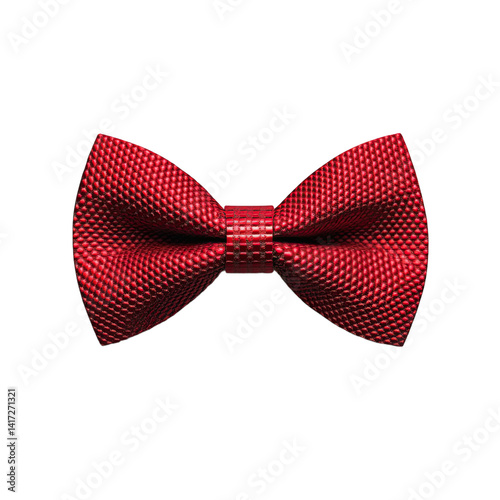 A vibrant red, textured bow tie, presented against a black backdrop, showcasing a geometric pattern.