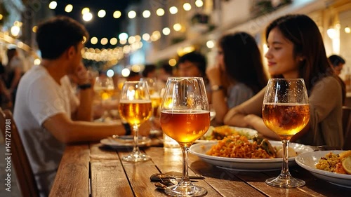 Group enjoys outdoor dining with food, beer, and ambient lighting