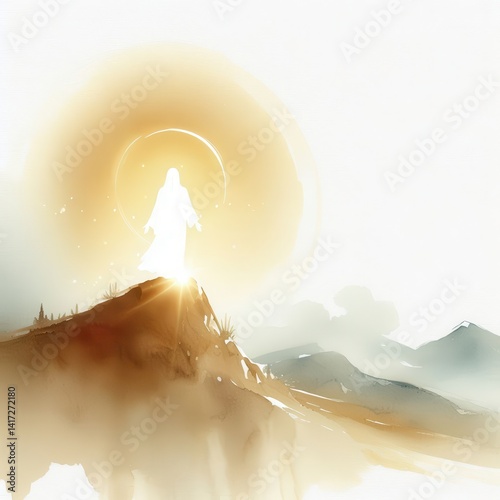 Jesus is transfigured in radiant light on the mountain – minimalist watercolor with small centered figure and glowing atmosphere