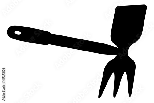 Garden hoe and cultivator. Two in one. Silhouette. Black tool for loosening the ground, removing weeds with a handle and a hole in it for hanging. Vector illustration. Isolated white background.