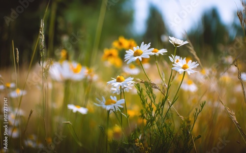 Delicate white daisies with yellow centers sway gently in a sun-drenched meadow. A picturesque summer scene.