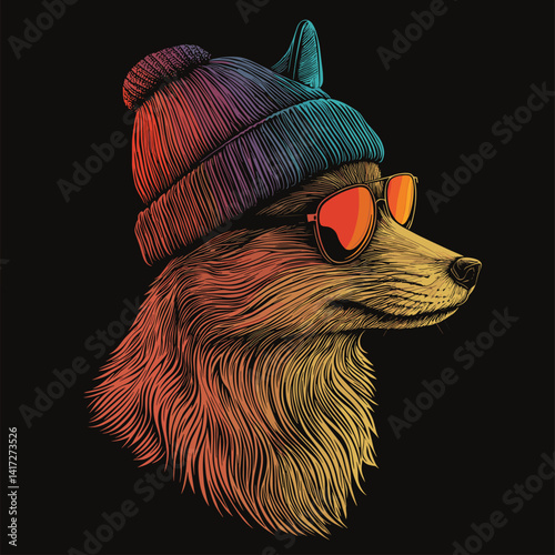 A bold line‑art fox portrait wearing a knitted beanie and aviator shades with a rainbow‑pride gradient, crisp edges and minimal shading