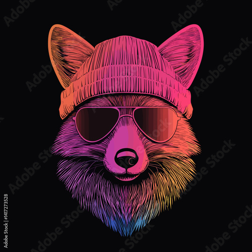 A bold line‑art fox portrait wearing a knitted beanie and aviator shades with a rainbow‑pride gradient, crisp edges and minimal shading
