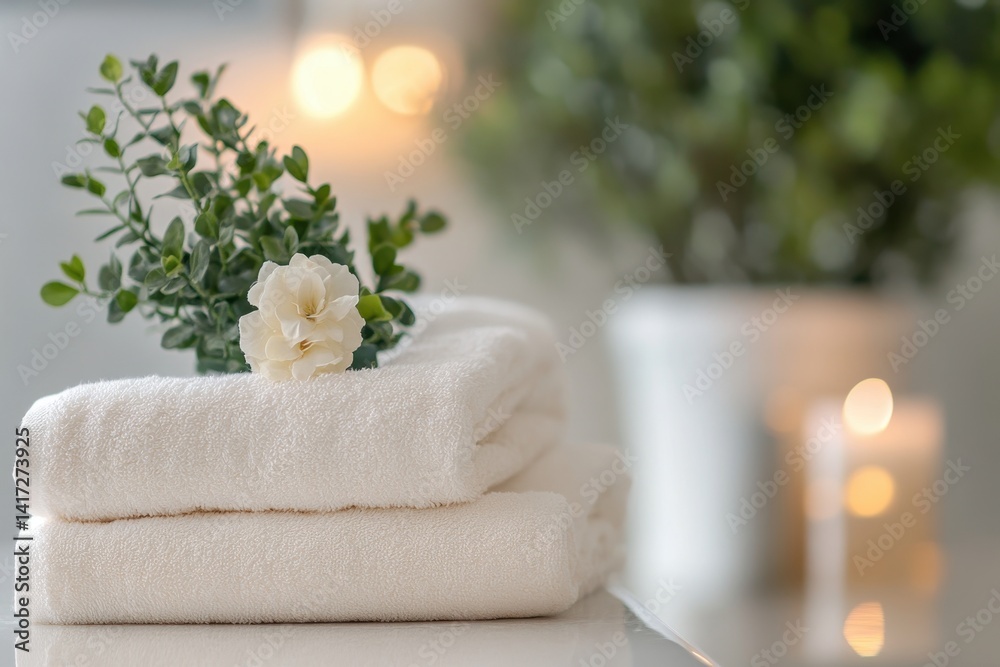 Fresh towels with a delicate flower resting on top create a tranquil spa atmosphere Fresh towels with a delicate flower resting on top create a tranquil spa atmosphere