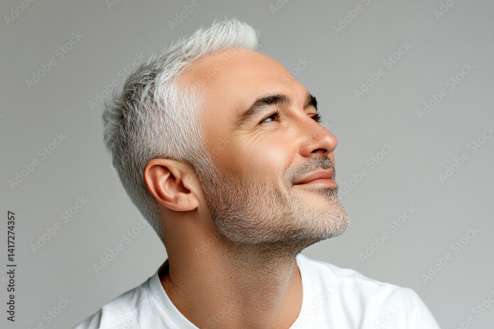 Obraz premium A man with timeless beauty and confidence. Pure white solid background. Graphic layout of style for aging men. Modish men's short dreads haircut - midlife white man with white hair.