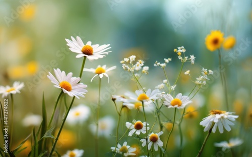 Delicate white daisies in a field of wildflowers, bathed in soft sunlight. A tranquil summer scene.