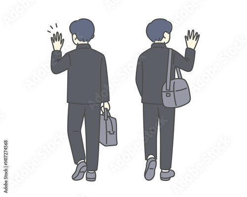 手を振る男子高校生の後ろ姿