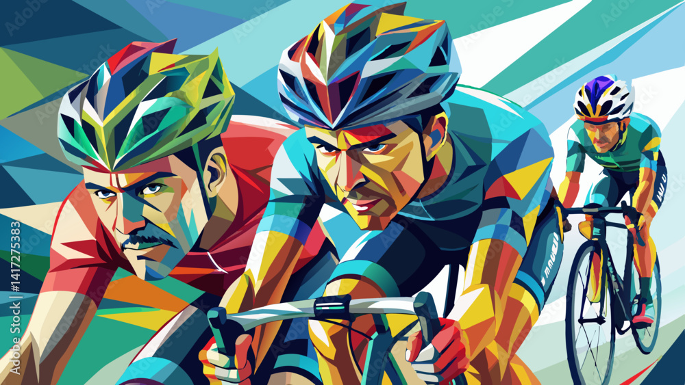 Cycling sport collage, double exposure of road cyclists, isolated vector low poly illustration with dispersion effect