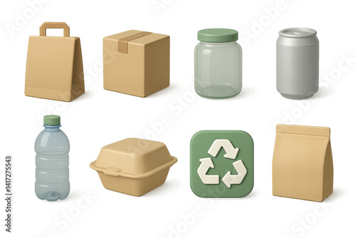 3d recycling and packaging icons set: eco containers and waste management symbols