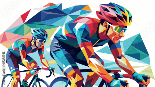 Cycling sport collage, double exposure of road cyclists, isolated vector low poly illustration with dispersion effect