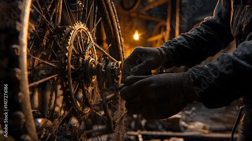 Skilled Hands Adjusting Bicycle Gears in Warm-Toned Workshop