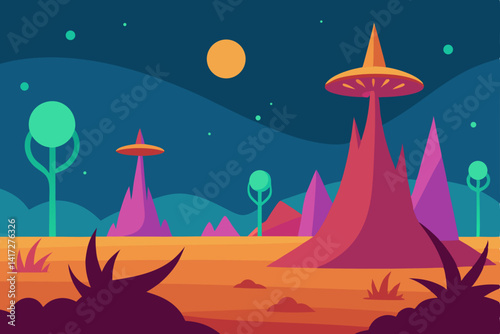 Vibrant Alien Landscape with Curious and Exotic Plants Vector Illustration Background