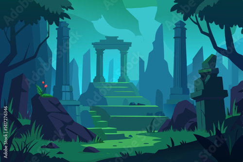 Mysterious Ancient Ruins Hidden Deep Within an Enchanted Forest Anime Illustration Vector Illustration Background