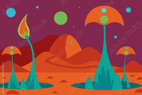 Surreal Alien Landscape with Strange and Colorful Plants Vector Illustration Background