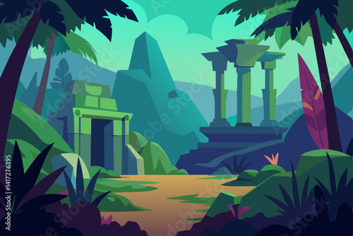 Vibrant Ancient Ruins Surrounded by Lush Fantasy Jungle Anime Background Vector Illustration Background