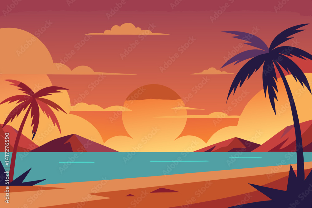 Fototapeta premium Mysterious Anime Beach Sunset with Palm Trees Under an Eerie Sky Vector Illustration Background