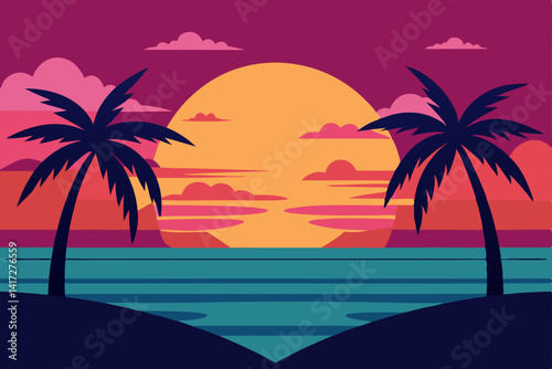 Vibrant Anime Beach Sunset with Detailed Palm Trees Vector Illustration Background