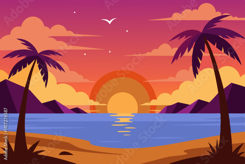 Calm Anime Beach Sunset with Palm Trees Reflecting in Still Water Vector Illustration Background