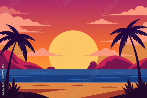 Dramatic Anime Beach Sunset with Palm Trees Silhouetted Against a Fiery Sky Vector Illustration Background