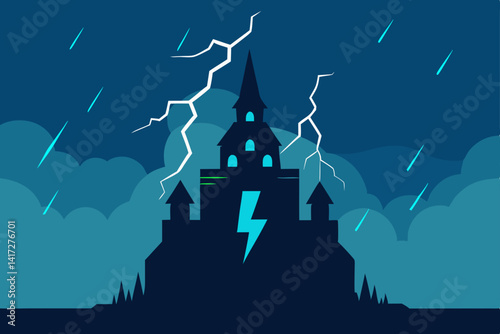 Mysterious Anime Castle Battling Storm Elements Engulfed by Lightning Vector Illustration Background