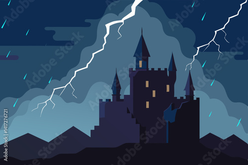 Grand Anime Castle Battling the Elements Under a Powerful Lightning Storm Vector Illustration Background