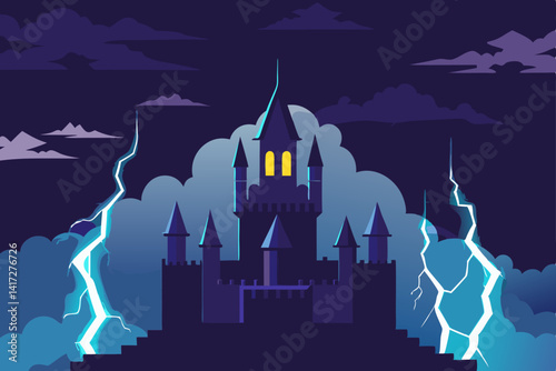 Dramatic Anime Castle Battling Storm Elements Amidst Flashing Lightning Vector Illustration Background