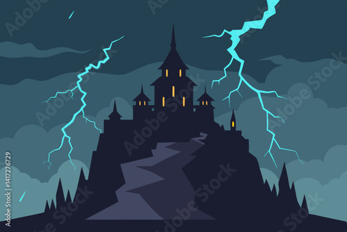 Epic Anime Castle Battling Storm Elements During Intense Lightning Vector Illustration Background