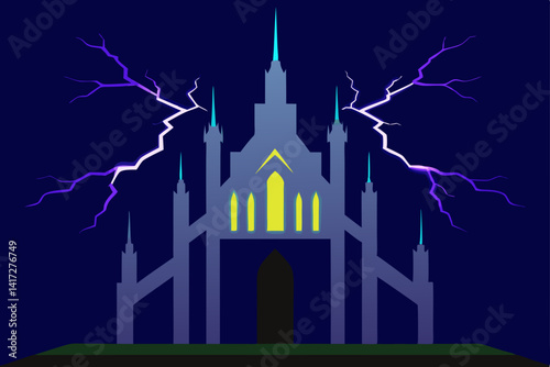 Striking Anime Cathedral Silhouetted Against Bright Fork Lightning Vector Illustration Background