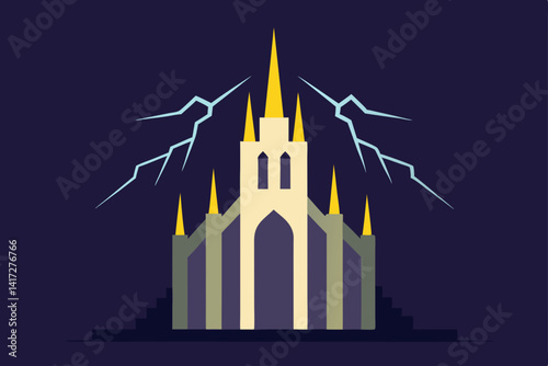 Grand Anime Cathedral Bathed in the Glow of Bright Fork Lightning Vector Illustration Background
