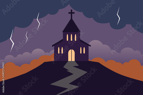 Anime Church On Hilltop During Violent Storm Render