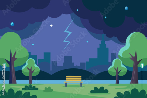 Anime City Park Scene During Unexpected Thunderstorm Style