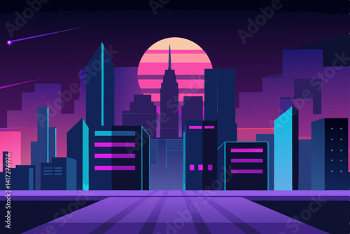 Anime Cityscape At Night With Neon Lights Image