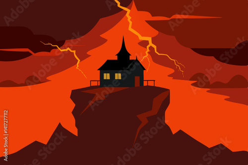 Anime Cliff House Under Fiery Lightning Skies Focus