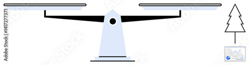 Balance scale emphasizes equilibrium, paired with a tree symbolizing sustainability and a data chart for analytics. Ideal for sustainability, decision-making, business, justice, comparison, analysis