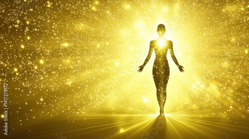 Golden figure radiating light in a celestial space.