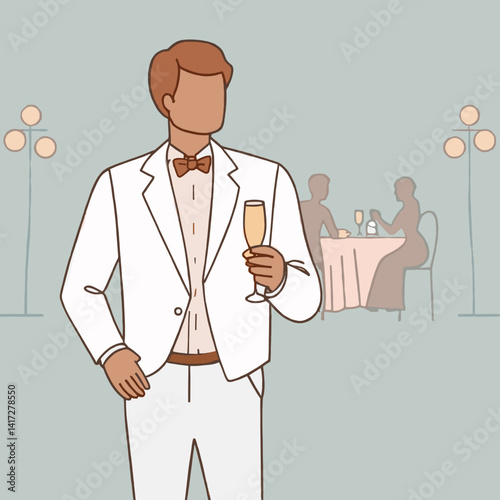 Groom holding champagne in wedding reception scene