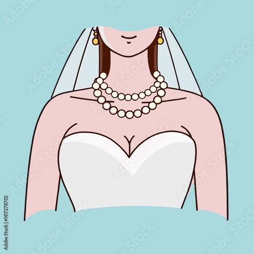 Bride in white dress and veil icon in pastel blue background