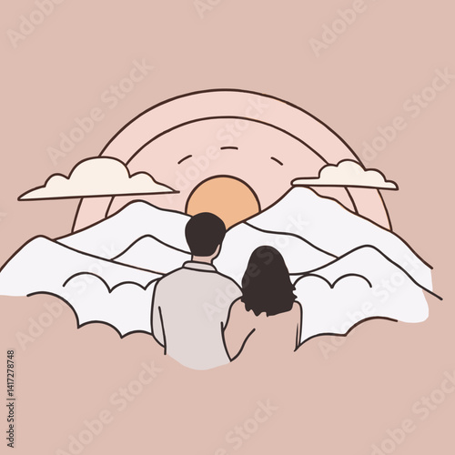 Couple watching sunset over mountains in pastel style