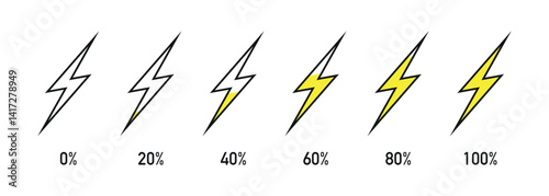 Lightning bolt charge level indicator from 0% to 100% with increasing yellow fill, representing energy or battery levels. Vector illustration.