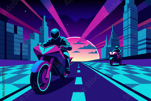Anime Motorbike Chase Through Neon Streets Graphic