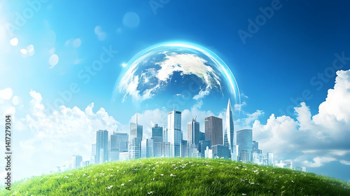 Sustainable urban development concept with vibrant city landscape under protection