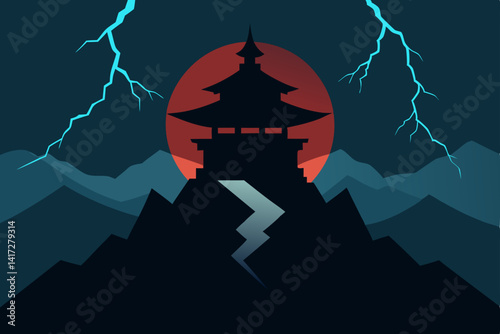 Anime Mountain Temple In Midst Of Lightning Storm Element