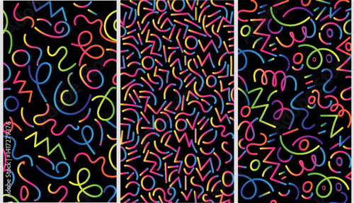 Retro 80s–90s Memphis Style Seamless Pattern – Vibrant Abstract Background with Playful Shapes and Doodle Elements on black background
