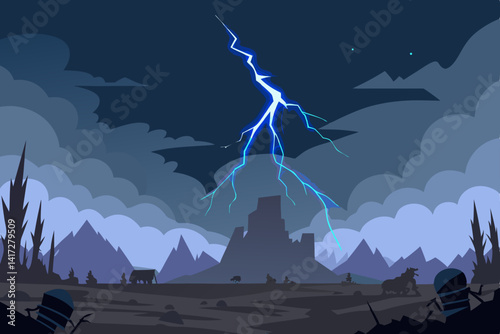 Anime Night Battlefield With Roaring Thunder And Lightning Picture