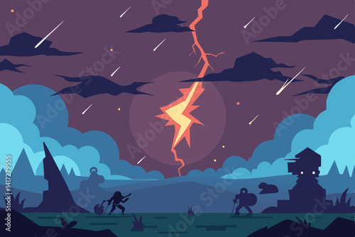 Anime Night Battlefield With Roaring Thunder And Lightning Style